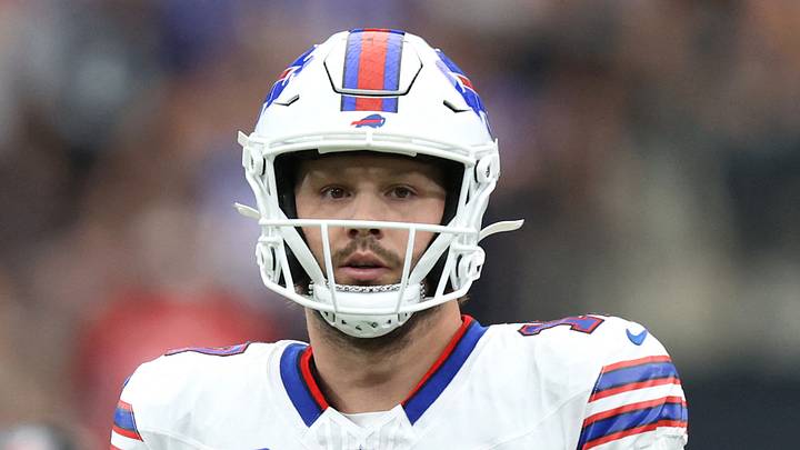 Oct 18, 2026; Paradise, Nevada, USA;  Buffalo Bills quarterback Josh Allen (17) looks to throw in the first quarter against the Las Vegas Raiders at Allegiant Stadium.  Mandatory Credit: Christopher Trim-Imagn Images