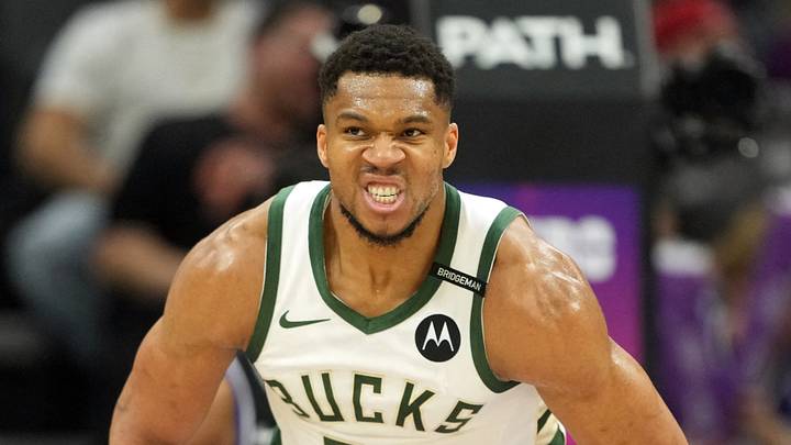 Milwaukee Bucks forward Giannis Antetokounmpo (34) reacts after scoring against the Sacramento Kings during the fourth quarter at Golden 1 Center on March 22, 2025.
