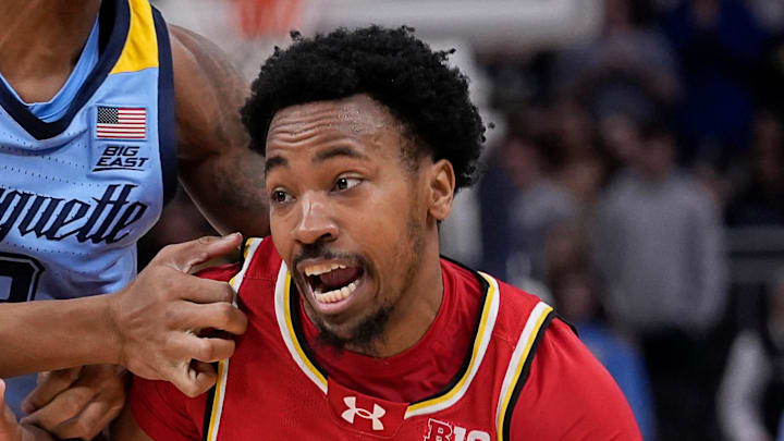 Marquette Golden Eagles forward Damarius Owens (9) guards Maryland Terrapins guard David Coit (8) during the second half of the game on Saturday November 15, 2025 at Fiserv Forum in Milwaukee, Wisconsin.