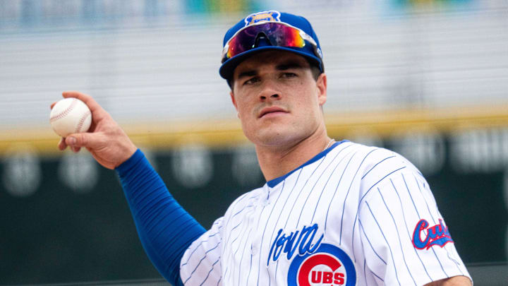 Iowa Cubs third baseman Matt Shaw throws the ball during a game.