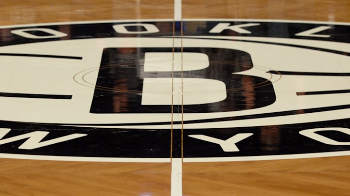 Dec 3, 2013; Brooklyn, NY, USA; A view of the Brooklyn Nets logo at center court before the game against the Denver Nuggets at Barclays Center. Mandatory Credit: Joe Camporeale-Imagn Images