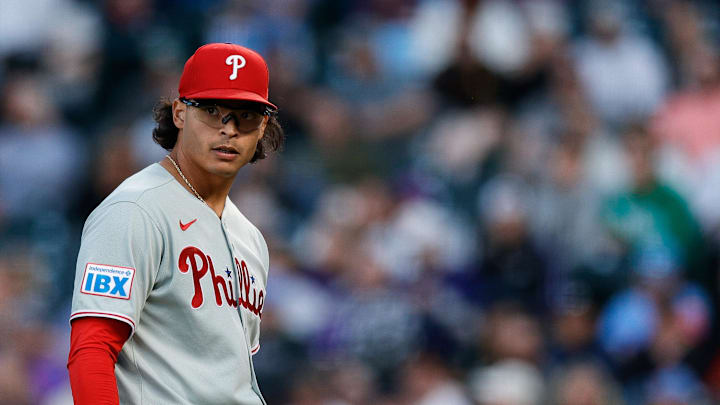 May 20, 2025; Denver, Colorado, USA; Philadelphia Phillies starting pitcher Jesus Luzardo (44) walks to the dugout at the end of the fourth inning against the Colorado Rockies at Coors Field. 