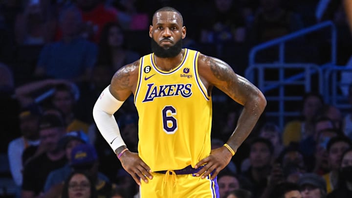 Oct 3, 2022; Los Angeles, California, USA; Los Angeles Lakers forward LeBron James (6) looks on from