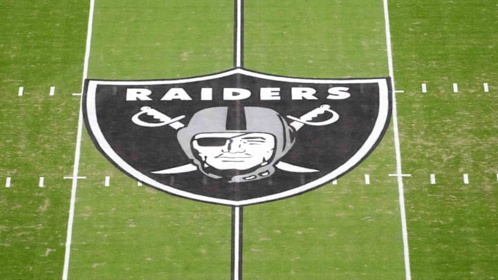 Jan 4, 2026; Paradise, Nevada, USA; The Las Vegas Raiders shield logo at midfield at Allegiant Stadium. Mandatory Credit: Kirby Lee-Imagn Images Jan 4, 2026; Paradise, Nevada, USA; The Las Vegas Raiders shield logo at midfield at Allegiant Stadium. Mandatory Credit: Kirby Lee-Imagn Images