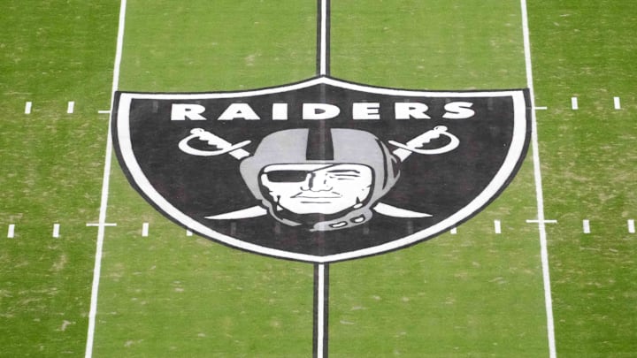 Jan 4, 2026; Paradise, Nevada, USA; The Las Vegas Raiders shield logo at midfield at Allegiant Stadium. Mandatory Credit: Kirby Lee-Imagn Images Jan 4, 2026; Paradise, Nevada, USA; The Las Vegas Raiders shield logo at midfield at Allegiant Stadium. Mandatory Credit: Kirby Lee-Imagn Images