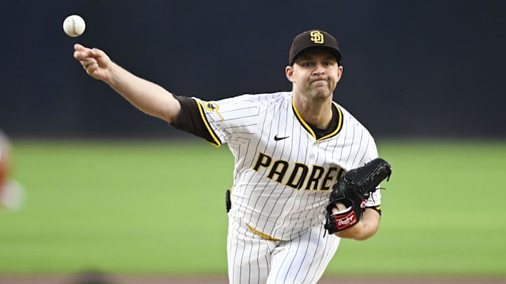 May 12, 2025; San Diego, California, USA; San Diego Padres starting pitcher Michael King (34) delivers during the first inning against the Los Angeles Angels at Petco Park. Mandatory Credit: Denis Poroy-Imagn Images
