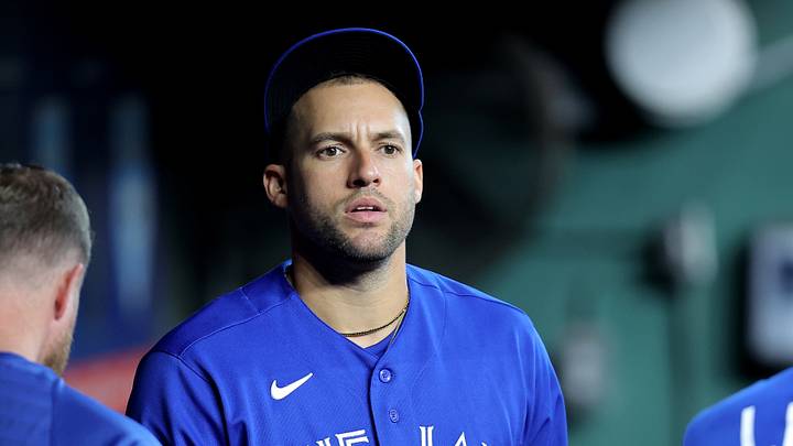 Aug 5, 2026; Houston, Texas, USA; Toronto Blue Jays designated hitter George Springer (4) in the dugout prior to the game against the Houston Astros at Daikin Park. Mandatory Credit: Erik Williams-Imagn Images