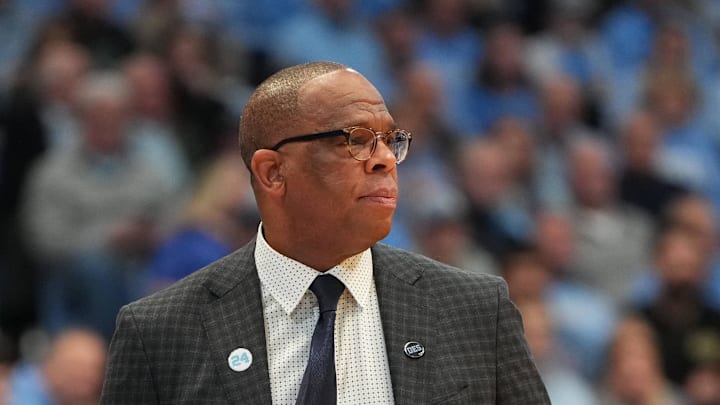 Jan 21, 2026; Chapel Hill, North Carolina, USA; North Carolina Tar Heels head coach Hubert Davis reacts in the second half at Dean E. Smith Center. Mandatory Credit: Bob Donnan-Imagn Images