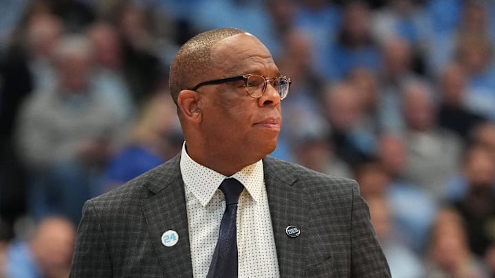 Jan 21, 2026; Chapel Hill, North Carolina, USA; North Carolina Tar Heels head coach Hubert Davis reacts in the second half at Dean E. Smith Center. Mandatory Credit: Bob Donnan-Imagn Images