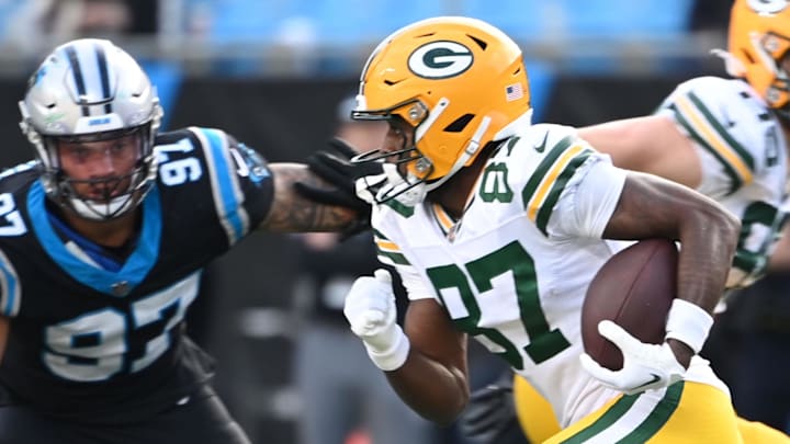 Green Bay Packers wide receiver Romeo Doubs runs after the catch at the Carolina Panthers in 2023. Green Bay Packers wide receiver Romeo Doubs runs after the catch at the Carolina Panthers in 2023.