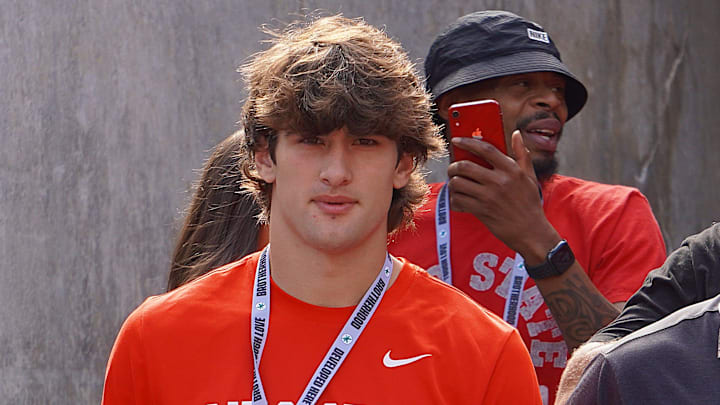 Sept. 21, 2024; Columbus, Ohio, USA; Olentangy linebacker C.J. Sanna watches warm-ups before Ohio State's game against the Marshall University Thundering Herd at Ohio Stadium.