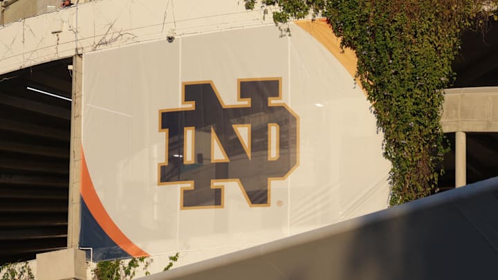 Jan 9, 2025; Miami, FL, USA; General view of the Notre Dame Fighting Irish logo before the game between the Notre Dame Fighting Irish and the Penn State Nittany Lions in the Orange Bowl at Hard Rock Stadium. 