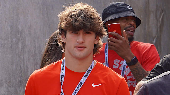 Sept. 21, 2024; Columbus, Ohio, USA; Olentangy linebacker C.J. Sanna watches warm-ups before Ohio State's game against the Marshall University Thundering Herd at Ohio Stadium. Sept. 21, 2024; Columbus, Ohio, USA; Olentangy linebacker C.J. Sanna watches warm-ups before Ohio State's game against the Marshall University Thundering Herd at Ohio Stadium.