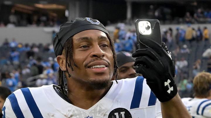 Indianapolis Colts running back Jonathan Taylor celebrates after a game