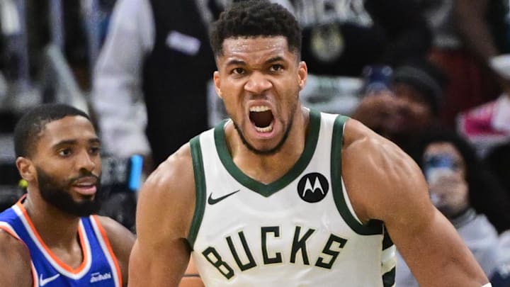 Oct 28, 2025; Milwaukee, Wisconsin, USA; Milwaukee Bucks forward Giannis Antetokounmpo (34) reacts after scoring a basket in the 3rd quarter against the New York Knicks at Fiserv Forum. Mandatory Credit: Benny Sieu-Imagn Images Oct 28, 2025; Milwaukee, Wisconsin, USA; Milwaukee Bucks forward Giannis Antetokounmpo (34) reacts after scoring a basket in the 3rd quarter against the New York Knicks at Fiserv Forum. Mandatory Credit: Benny Sieu-Imagn Images