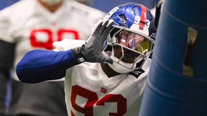Jun 17, 2025; East Rutherford, NJ, USA; New York Giants defensive tackle Rakeem Nunez-Roches (93) participates in a drill during minicamp at Quest Diagnostics Training Center. Mandatory Credit: John Jones-Imagn Images