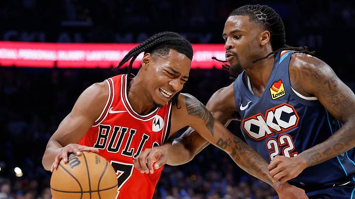 Mar 27, 2026; Oklahoma City, Oklahoma, USA; Chicago Bulls guard Rob Dillingham (7) drives down the court as Oklahoma City Thunder guard Cason Wallace (22) defends during the second half at Paycom Center. Mandatory Credit: Alonzo Adams-Imagn Images Mar 27, 2026; Oklahoma City, Oklahoma, USA; Chicago Bulls guard Rob Dillingham (7) drives down the court as Oklahoma City Thunder guard Cason Wallace (22) defends during the second half at Paycom Center. Mandatory Credit: Alonzo Adams-Imagn Images