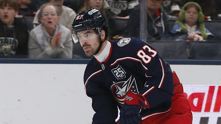 Mar 9, 2026; Columbus, Ohio, USA; Columbus Blue Jackets right wing Conor Garland (83) scores on a wrist shot against the Los Angeles Kings during the second period at Nationwide Arena. Mandatory Credit: Russell LaBounty-Imagn Images