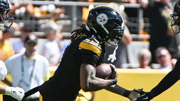 Sep 14, 2025; Pittsburgh, Pennsylvania, USA; Pittsburgh Steelers cornerback Jalen Ramsey (5) celebrates an interception with safety Chuck Clark (21) against the Seattle Seahawks during the first half at Acrisure Stadium. Mandatory Credit: Barry Reeger-Imagn Images