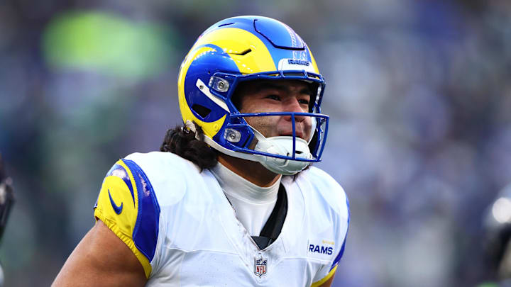 Jan 25, 2026; Seattle, WA, USA; Los Angeles Rams wide receiver Puka Nacua (12) reacts after a catch against the Seattle Seahawks during the first half in the 2026 NFC Championship Game at Lumen Field. Mandatory Credit: Kevin Ng-Imagn Images
