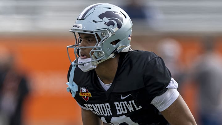 Jan 28, 2025; Mobile, AL, USA; American team defensive back Jacob Parrish of Kansas State (10) lines up during Senior Bowl practice for the American team at Hancock Whitney Stadium. Mandatory Credit: Vasha Hunt-Imagn Images Jan 28, 2025; Mobile, AL, USA; American team defensive back Jacob Parrish of Kansas State (10) lines up during Senior Bowl practice for the American team at Hancock Whitney Stadium. Mandatory Credit: Vasha Hunt-Imagn Images