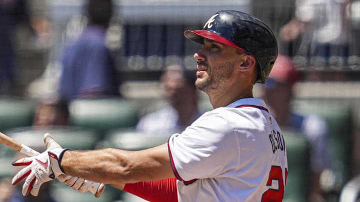 Atlanta Braves first baseman Matt Olson watches after hitting a home run against the Washington Nationals. Atlanta Braves first baseman Matt Olson watches after hitting a home run against the Washington Nationals.