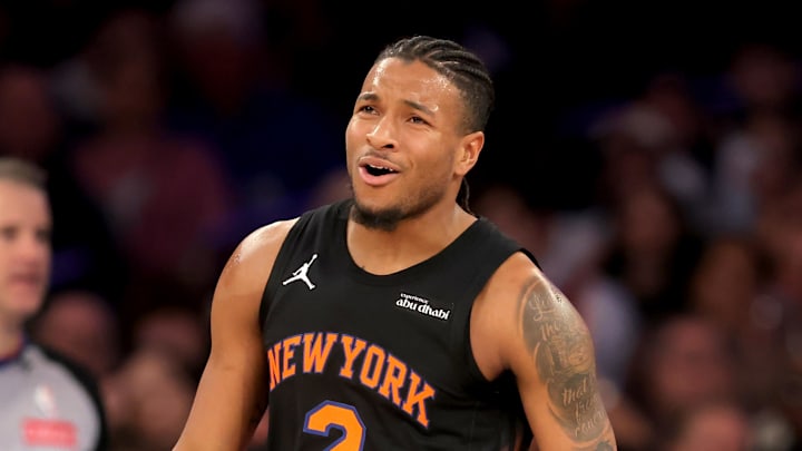 Jan 27, 2026; New York, New York, USA; New York Knicks guard Miles McBride (2) reacts during the second quarter against the Sacramento Kings at Madison Square Garden. Mandatory Credit: Brad Penner-Imagn Images