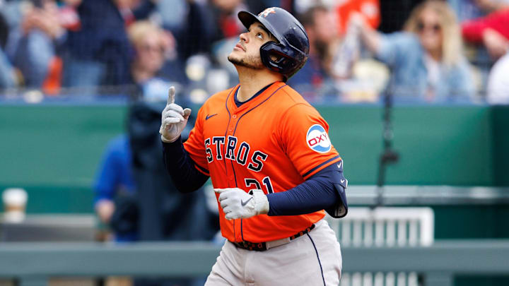 Apr 27, 2025; Kansas City, Missouri, USA; Houston Astros catcher Yainer Diaz (21) reacts after hitting a home run during the seventh inning against the Kansas City Royals at Kauffman Stadium