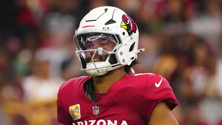 Cardinals quarterback Kyler Murray (1) reacts after a three and out against the Commanders during a game at State Farm Stadium in Glendale on Sept. 29, 2024.
