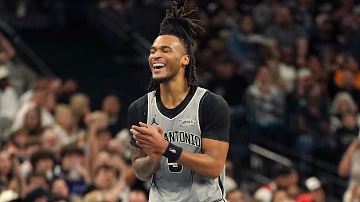 Nov 7, 2025; San Antonio, Texas, USA; San Antonio Spurs guard Stephon Castle (5) reacts during the second half against the Houston Rockets at Frost Bank Center. Mandatory Credit: Dustin Safranek-Imagn Images