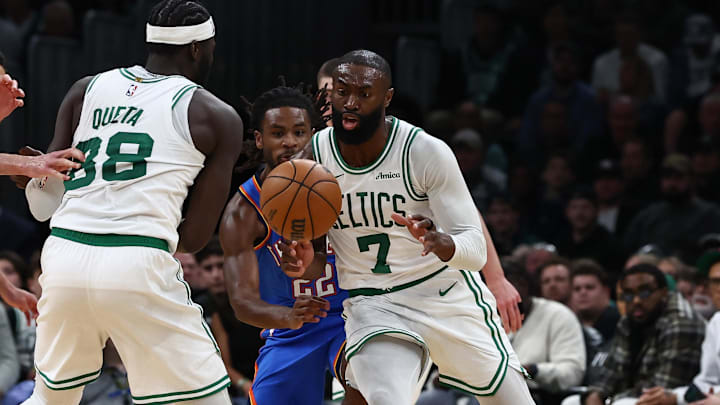 Mar 25, 2026; Boston, Massachusetts, USA; Boston Celtics guard Jaylen Brown (7) goes around a pick set by center Neemias Queta (88) during the second quarter against the Oklahoma City Thunder at TD Garden. Mandatory Credit: Winslow Townson-Imagn Images