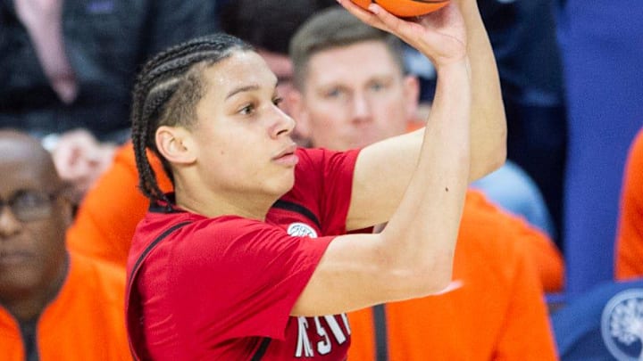 NC State Wolfpack guard Matt Able (3) takes a jump shot as Auburn Tigers take on NC State Wolfpack at Neville Arena in Auburn, Ala. on Wednesday, Dec. 3, 2025. Auburn Tigers lead NC State Wolfpack 41-35 at halftime.