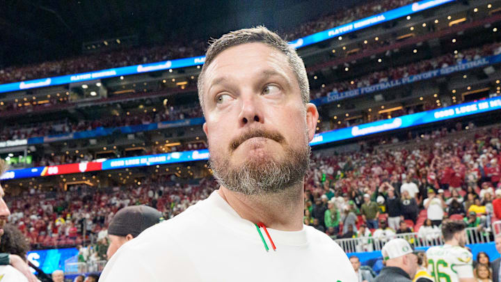 Oregon head coach Dan Lanning walks off the field after the Ducks’ loss as the Oregon Ducks face the Indiana Hoosiers in the Peach Bowl on Jan. 9, 2026, at Mercedes-Benz Stadium in Atlanta, Georgia.