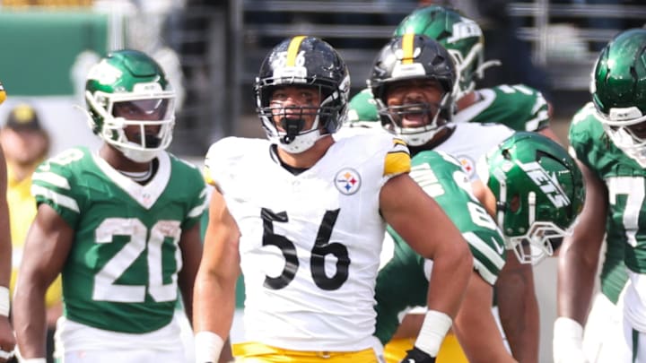 Sep 7, 2025; East Rutherford, New Jersey, USA; Pittsburgh Steelers linebacker Alex Highsmith (56) reacts to a defensive play during the second half against the New York Jets at MetLife Stadium. Mandatory Credit: Wendell Cruz-Imagn Images