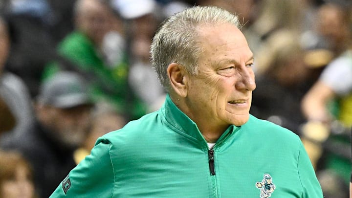 Jan 20, 2026; Eugene, Oregon, USA; Michigan State Spartans head coach Tom Izzo reacts to a referee call during the first half against the Oregon Ducks at Matthew Knight Arena. Mandatory Credit: Craig Strobeck-Imagn Images