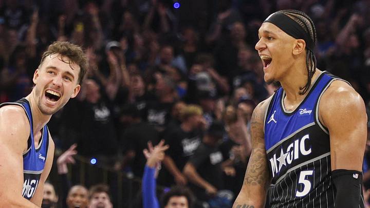 Apr 25, 2026; Orlando, Florida, USA; Orlando Magic forward Franz Wagner (22) reacts to a shot by forward Paolo Banchero (5) against the Detroit Pistons in the fourth quarter during game three of the first round of the 2026 NBA Playoffs at Kia Center. Mandatory Credit: Nathan Ray Seebeck-Imagn Images Apr 25, 2026; Orlando, Florida, USA; Orlando Magic forward Franz Wagner (22) reacts to a shot by forward Paolo Banchero (5) against the Detroit Pistons in the fourth quarter during game three of the first round of the 2026 NBA Playoffs at Kia Center. Mandatory Credit: Nathan Ray Seebeck-Imagn Images