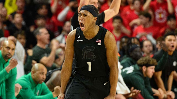 Feb 26, 2025; College Park, Maryland, USA; Michigan State Spartans guard Jeremy Fears Jr. (1) reacts during the second half against the Maryland Terrapins at Xfinity Center. Mandatory Credit: Reggie Hildred-Imagn Images Feb 26, 2025; College Park, Maryland, USA; Michigan State Spartans guard Jeremy Fears Jr. (1) reacts during the second half against the Maryland Terrapins at Xfinity Center. Mandatory Credit: Reggie Hildred-Imagn Images