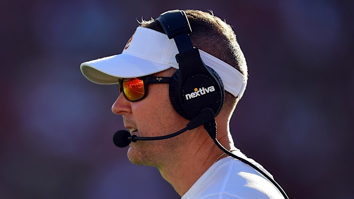 Aug 26, 2023; Los Angeles, California, USA; Southern California Trojans head coach Lincoln Riley watches game action against the San Jose State Spartans during the first half at Los Angeles Memorial Coliseum. Mandatory Credit: Gary A. Vasquez-Imagn Images Aug 26, 2023; Los Angeles, California, USA; Southern California Trojans head coach Lincoln Riley watches game action against the San Jose State Spartans during the first half at Los Angeles Memorial Coliseum. Mandatory Credit: Gary A. Vasquez-Imagn Images