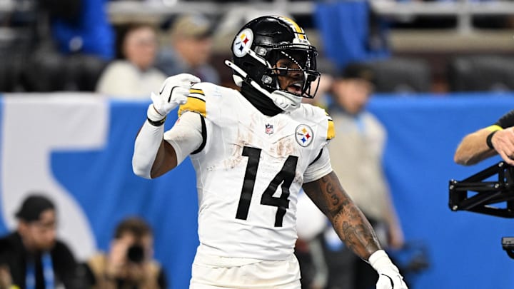 Dec 21, 2025; Detroit, Michigan, USA; Pittsburgh Steelers running back Kenneth Gainwell (14) celebrates after a touchdown during the third quarter against the Detroit Lions at Ford Field. Mandatory Credit: Lon Horwedel-Imagn Images