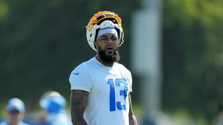 Jul 26, 2023; Costa Mesa, CA, USA; Los Angeles Chargers receiver Keenan Allen (13) reacts during training camp at Jack Hammett Sports Complex. Mandatory Credit: Kirby Lee-Imagn Images