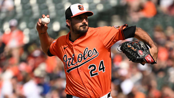 Jun 28, 2025; Baltimore, Maryland, USA; Baltimore Orioles starting pitcher Zach Eflin (24) throws a pitch against the Tampa Bay Rays during the first inning at Oriole Park at Camden Yards. 