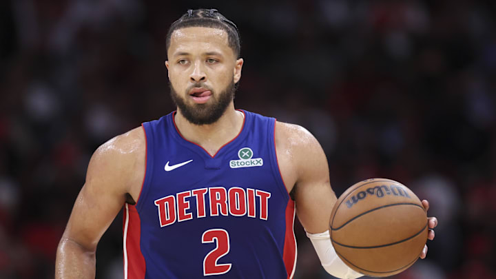 Oct 24, 2025; Houston, Texas, USA; Detroit Pistons guard Cade Cunningham (2) brings the ball up the court during the fourth quarter against the Houston Rockets at Toyota Center. Mandatory Credit: Troy Taormina-Imagn Images