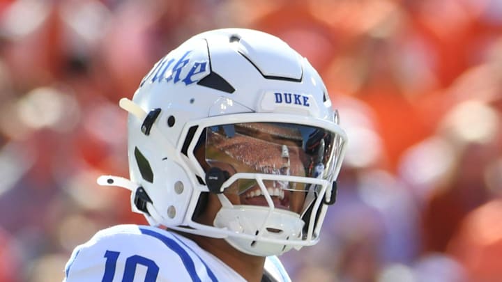 Duke Blue Devils quarterback Darian Mensah (10) yells to the sideline Saturday, Nov. 1, 2025, during the NCAA football game against the Clemson Tigers at Memorial Stadium in Clemson, South Carolina.