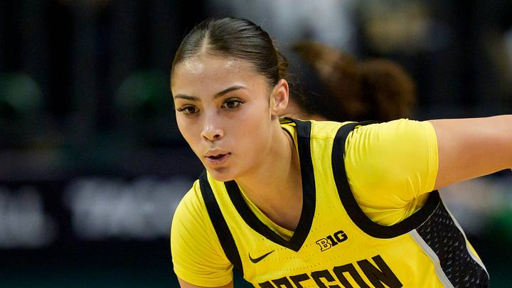 Oregon guard Katie Fiso chases down the ball as the Oregon Ducks host the Penn State Nittany Lions on Jan. 24, 2026, at Matthew Knight Arena in Eugene, Oregon.