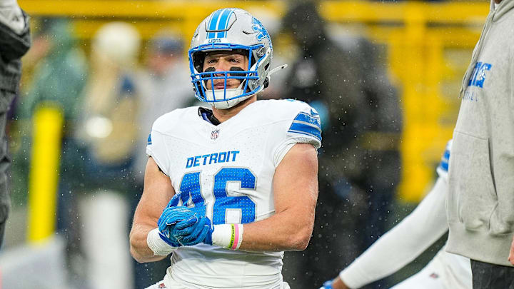 Detroit Lions linebacker Jack Campbell (46) warms up before the Green Bay Packers game at Lambeau Field in Green Bay, Wis. on Sunday, Nov. 3, 2024.
