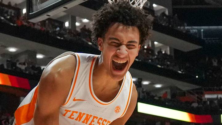 Tennessee forward Nate Ament (10) celebrates making a basket and getting fouled during an NCAA basketball game between the Tennessee Volunteers and Auburn Tigers at Thompson-Boling Arena at Food City Center in Knoxville, Tenn., on Jan. 31, 2026.