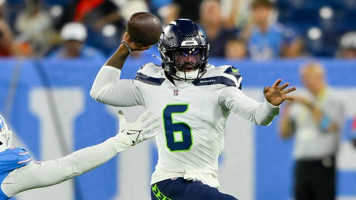 Aug 23, 2026; Nashville, Tennessee, USA; Seattle Seahawks quarterback Jalen Milroe (6) throws a pass against the Tennessee Titans during the second half at Nissan Stadium. Mandatory Credit: Steve Roberts-Imagn Images Aug 23, 2026; Nashville, Tennessee, USA; Seattle Seahawks quarterback Jalen Milroe (6) throws a pass against the Tennessee Titans during the second half at Nissan Stadium. Mandatory Credit: Steve Roberts-Imagn Images