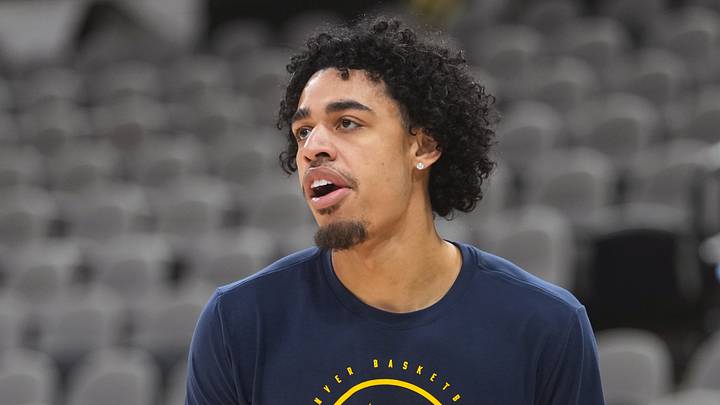 Apr 12, 2026; San Antonio, Texas, USA; Denver Nuggets guard Julian Strawther warms up before a game against the San Antonio Spurs at Frost Bank Center. Mandatory Credit: Scott Wachter-Imagn Images