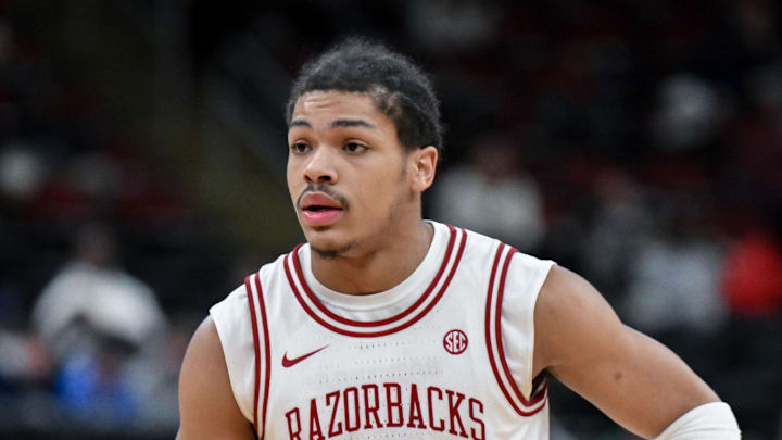 Dec 20, 2025; Newark, New Jersey, USA; Arkansas Razorbacks guard Darius Acuff Jr. (5) during the first half against the Houston Cougars at Prudential Center. Mandatory Credit: John Jones-Imagn Images