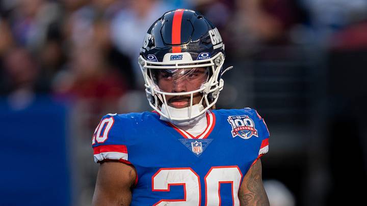New York Giants running back Eric Gray (20) waits to receive the ball during a kickoff during a game between the New York Giants and the Washington Commanders at MetLife Stadium in East Rutherford on Sunday, Nov. 3, 2024. New York Giants running back Eric Gray (20) waits to receive the ball during a kickoff during a game between the New York Giants and the Washington Commanders at MetLife Stadium in East Rutherford on Sunday, Nov. 3, 2024.